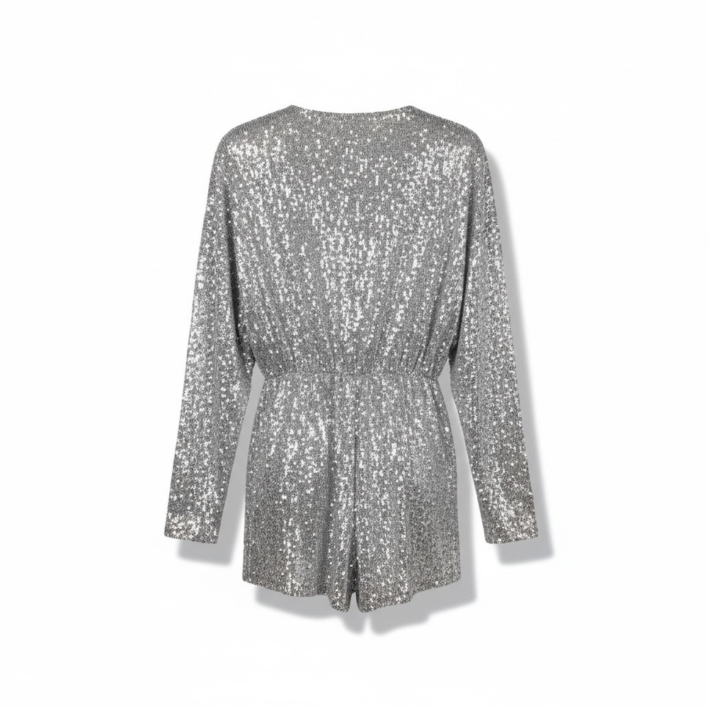 Maje Silver Sequin Playsuit Romper Wrap V Neck Long Sleeve FR 38 US 6 NWT $415 - Picture 12 of 12